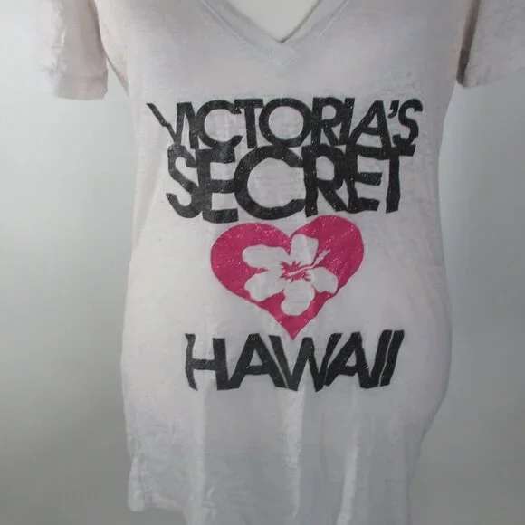 Victoria's Secret Hawaii Women's White V-neck Glitter Hibiscus T-Shirt Large - Picture 3 of 5
